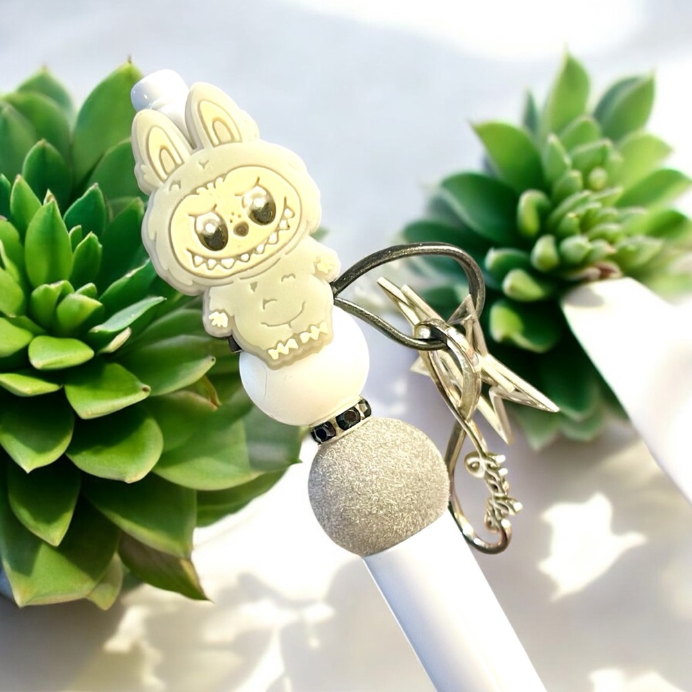 Handcrafted Labubu gray and white beaded pen